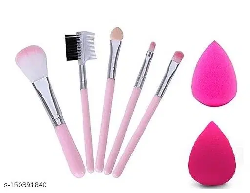 Women's & Girl's Soft Bristle 5 Pcs Pink Makeup Brushes Set with 2 Sponge Puff  (Set of 7)