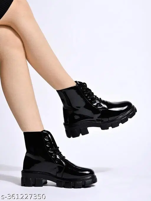 Shoetopia Solid Patent Leather Block Heel Boots Black (IND-7)