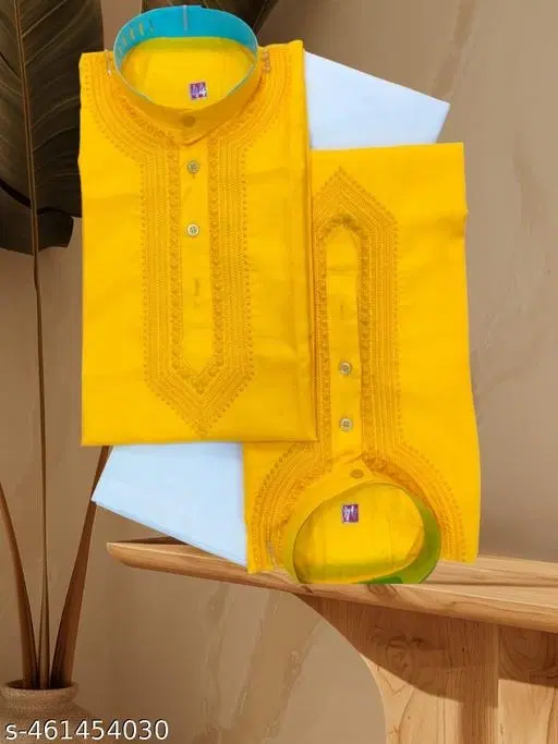 Cotton Solid Kurta Set for Men, Yellow & White, Pack of 2 (XL)
