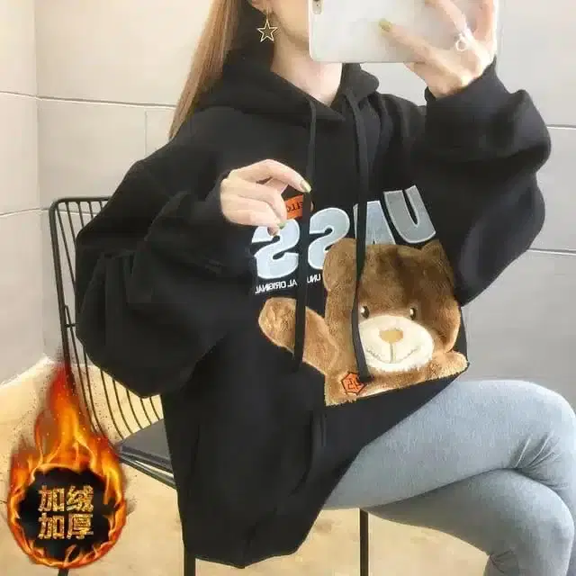 Fleece Hoodie for Women (Black, S)