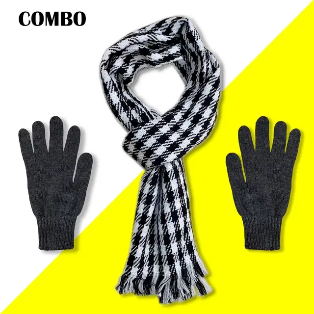 Woolen Checked Mufflers with Gloves for Men & Women, Set of 2 (Black & White)