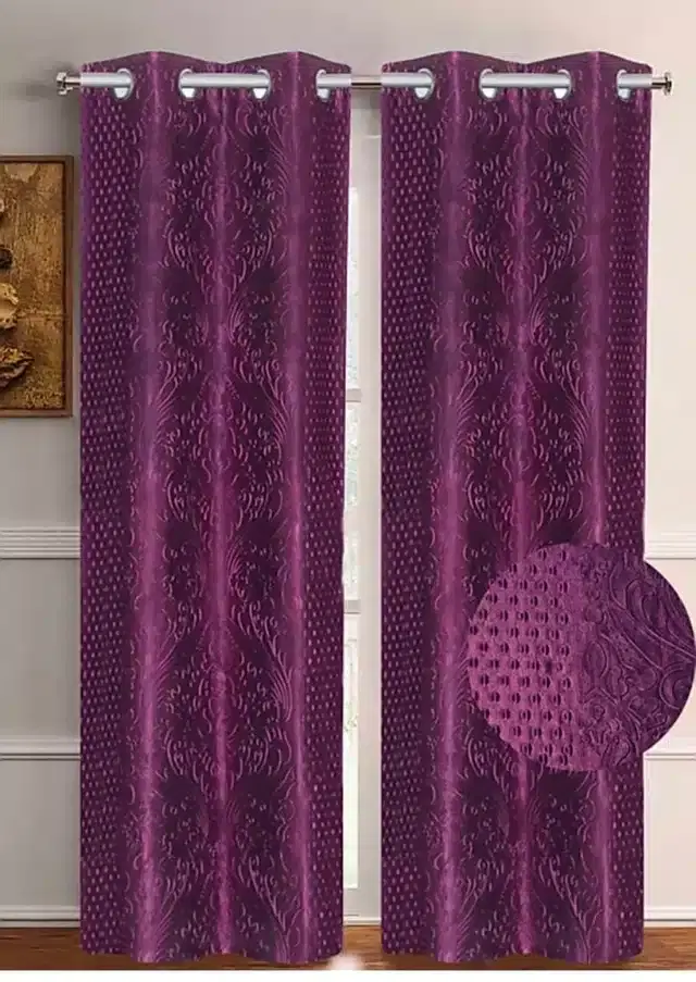 Polyester Embroidered Window & Door Curtains, Pack of 2, Wine, 5 feet