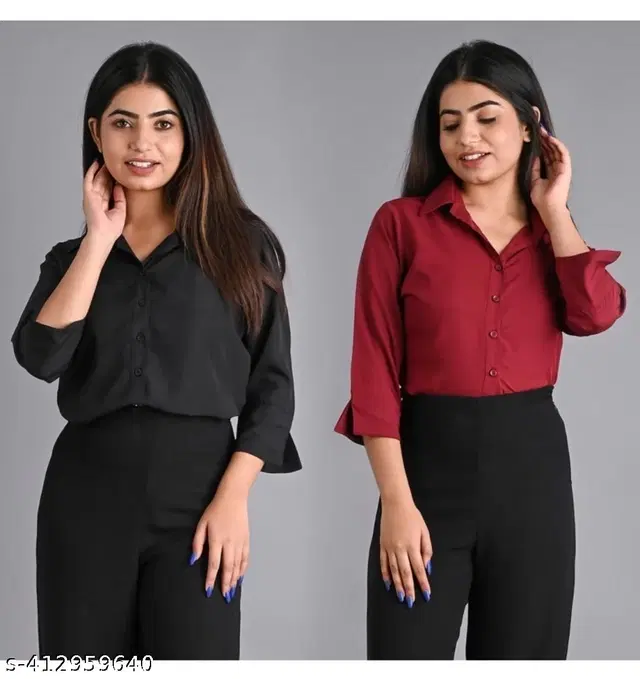 Three-Quarter Sleeves Solid Shirt for Women, Pack of 2 (Black & Maroon, S)