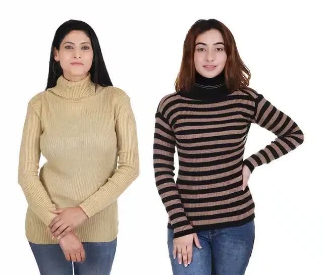 Full Sleeves Solid Sweater for Women, Pack of 2 (Beige & Brown, S)
