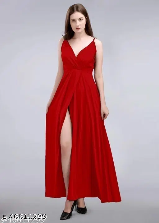 Crepe Solid Dress for Women, Red (XL)