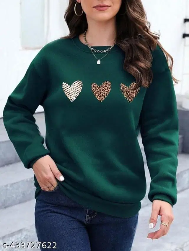 Fleece Printed Sweatshirt for Women (Bottle Green, S)
