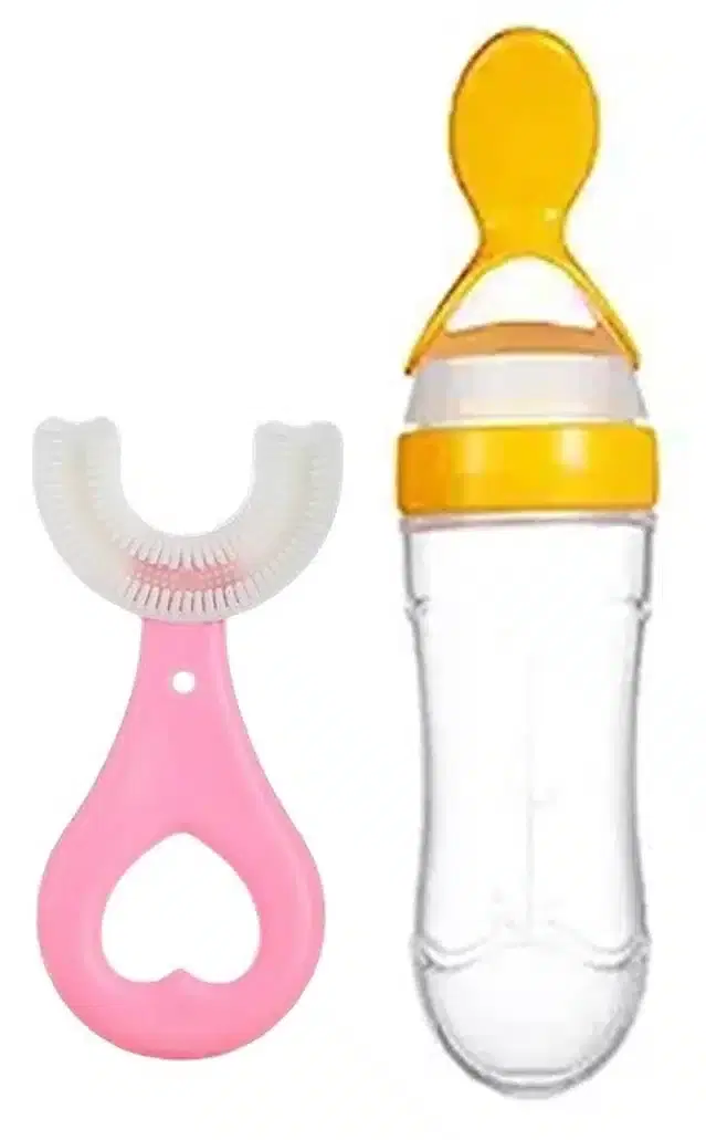 Silicone Baby Feeder Sipper, 90 ml with U-Shape Brush, Yellow & Pink, Set of 2