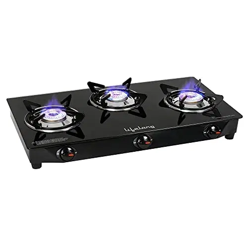 Lifelong Glass Top 3 Burner Gas Stove, Manual Ignition, LPG Compatible, Black, ISI Certified, 1 Year Warranty with Doorstep Service (llgs18)