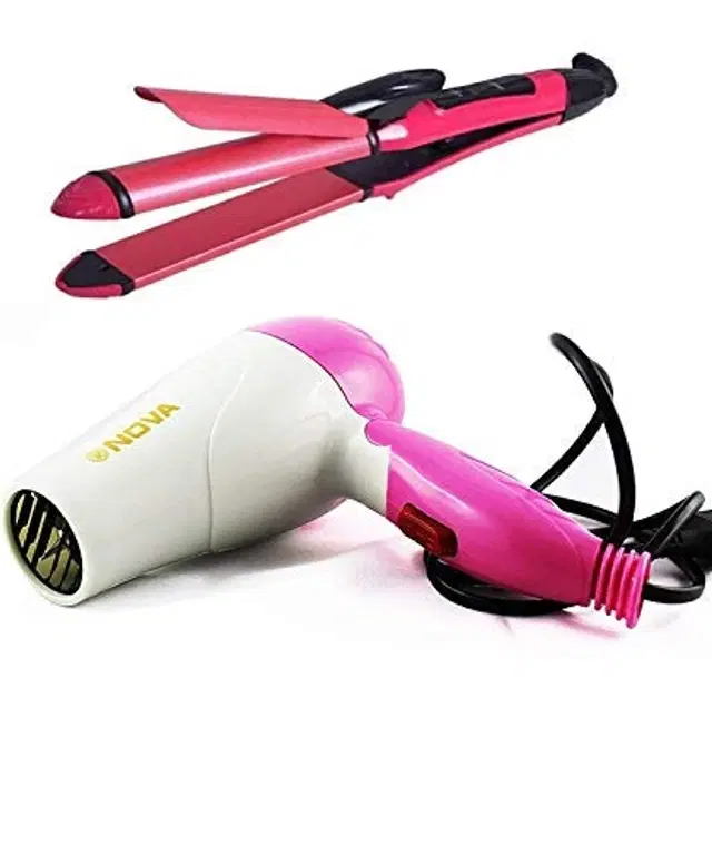 Combo of Professional 2 in 1 Hair Straightener Cum Curler with Foldable Hair Dryer, Multicolor, 1000 W, Set of 2