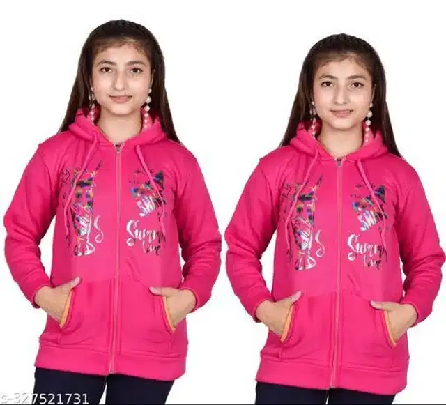 Woolen Full Sleeves Hooded Sweatshirts for Girls, Pack of 2 (Pink, 10-11 Years)