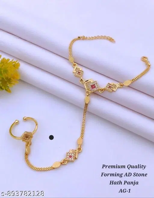 Hathpanja Bracelet with Joint Ring for Women (Gold, Free Size)