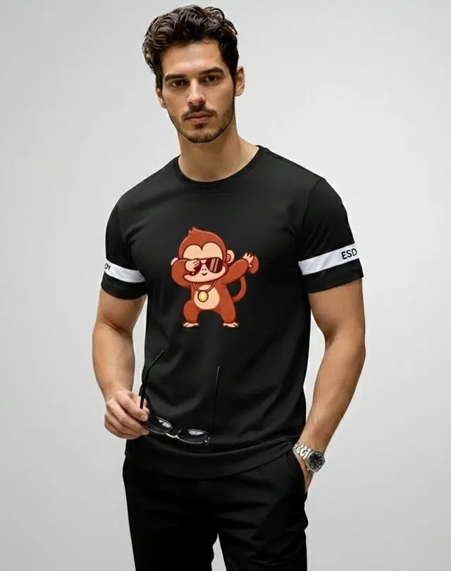 Polyester Printed T-shirt for Men, Black (M)