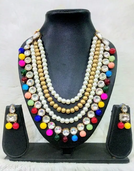 Kundan And Glass Beads Necklace Set for Women, Multi