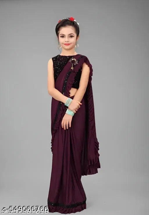 Lycra Saree for Girls, Wine (5-6 Years)