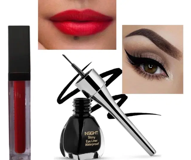 Ultra Matte Liquid Lip Color, Red with Waterproof Smudge Free Eyeliner, Black, Set of 2
