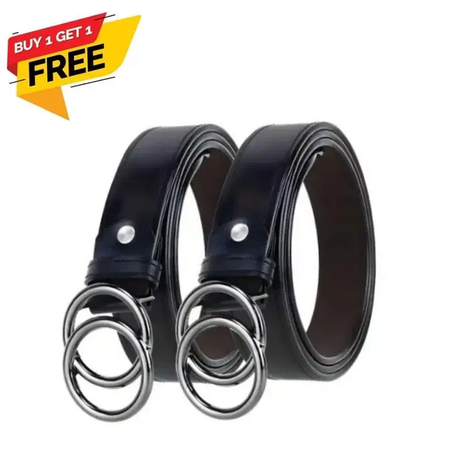 Faux Leather Belt for Women, Pack of 2 (Silver & Black)