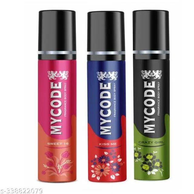 Combo of MYCODE Crazy Girl, Kiss Me & Sweet 16 Body Spray for Men, 100 ml, Pack of 3