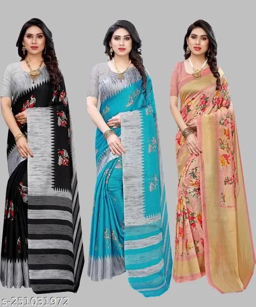 Art Silk Saree for Women, Pack of 3 (Blue, Free Size)