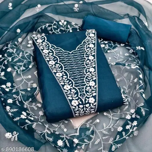 Organza Embroidered Teal Patiala Suits for Women (Blue, Un Stitched)