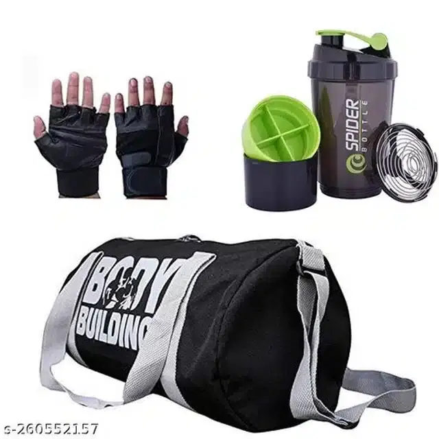 Combo of Gym Bag with Shaker Bottle, 400 ml, Gloves, Multicolor, Set of 3