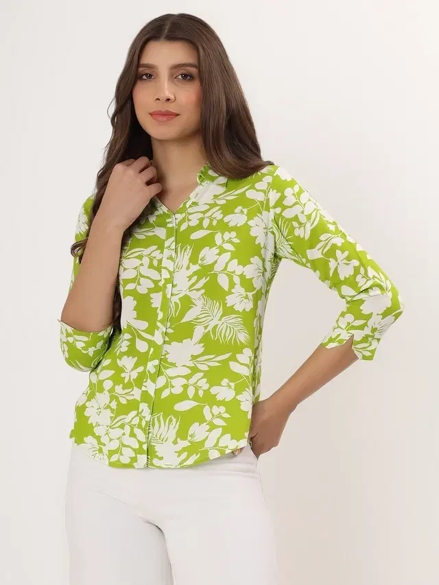 Rayon Printed Shirt for Women, Green (L)