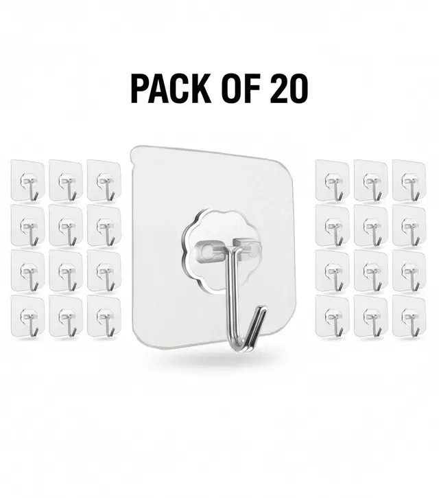 Plastic Wall Hooks, Transparent (Pack of 20)