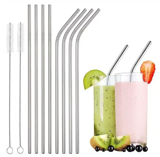 Reusable Stainless Steel Straws with Cleaning Brush, Silver, Pack of 10