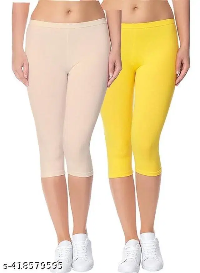 Cotton Lycra Capri for Women, Pack of 2 (Multicolor, M)