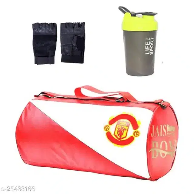 Combo of Gym Bag with Shaker Bottle, 500 ml, Gloves, Multicolor, Set of 3