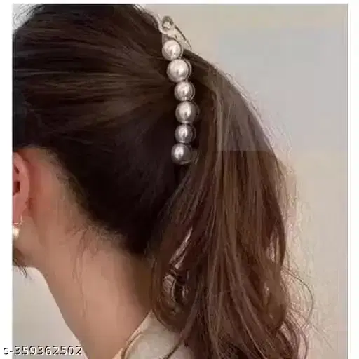 Pearl-Adorned Banana Clip Plastic Hair Clutchers for Women, White