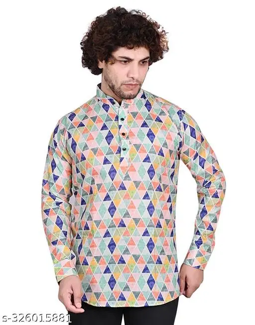Cotton Blend Printed Short Kurta for Men, Multicolor (M)