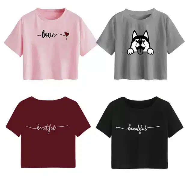 Cotton Printed Crop Tops for Girls, Pack of 4 (Multicolor, 12-13 Years)