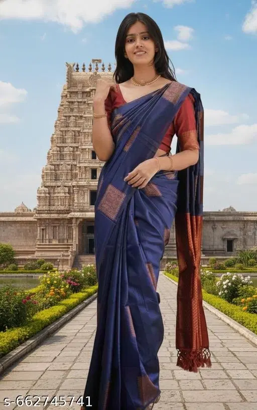 Art Silk Saree for Women (Blue, Free Size)