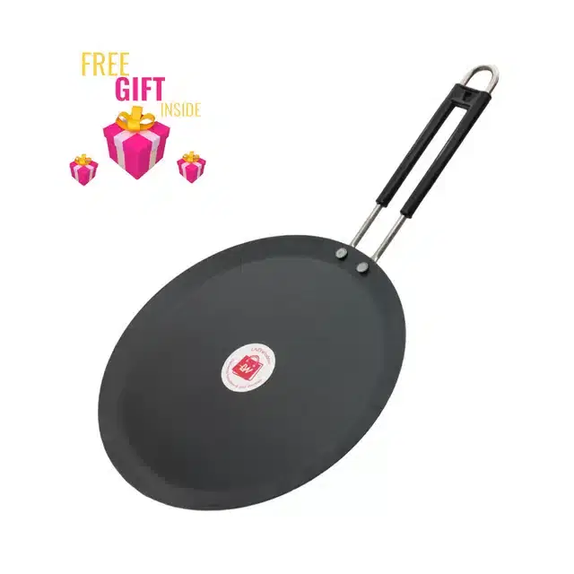 LAZYwindow Induction Based Flat Iron Tawa with Insulated Handle & Free Gift, Black, Pack of 2