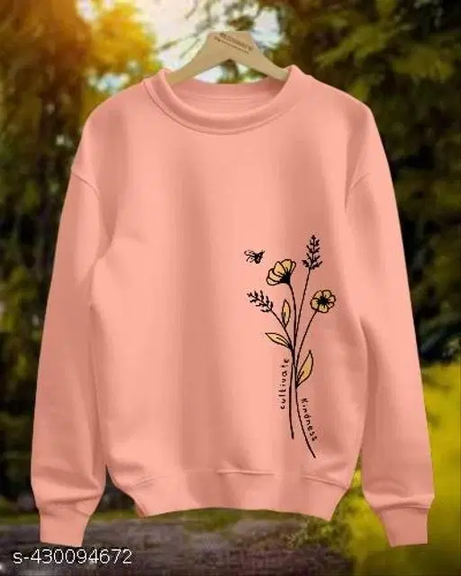 Cotton Printed Sweatshirt for Women (Peach, XS)