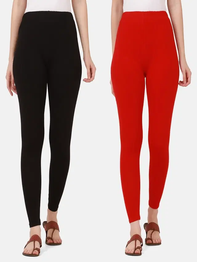 Cotton Solid Leggings for Women, Pack of 2 (Black & Red, S)