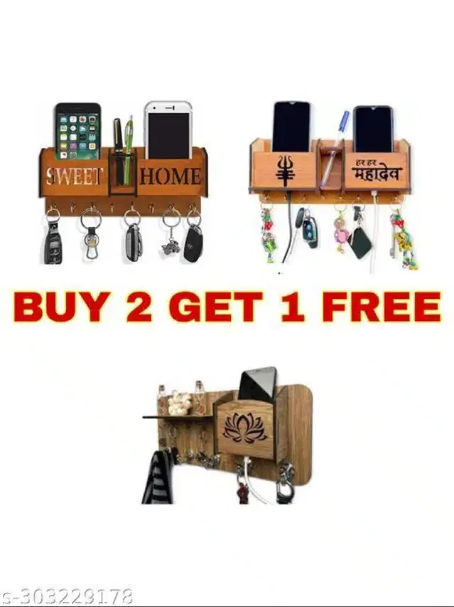 Wooden Key Holder, Brown, Pack of 3