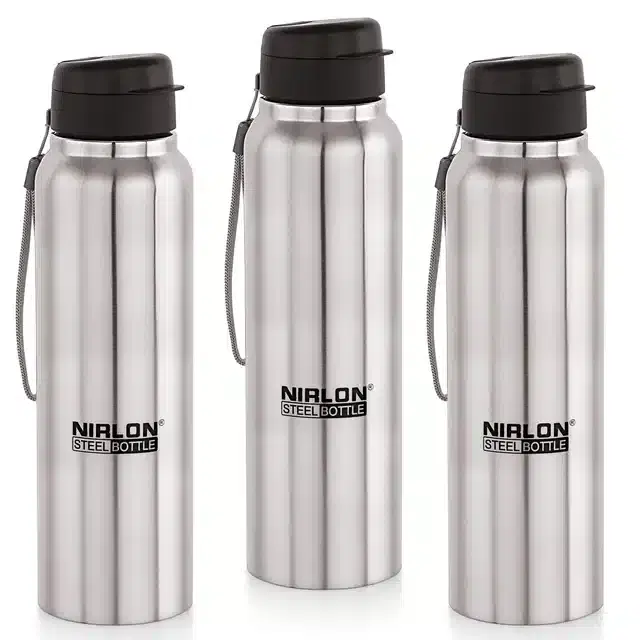 Stainless Steel Insulated Single Wall Water Bottle, Pack of 3, Silver, 1000 ml