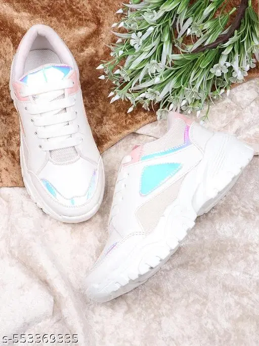 Solid Synthetic Sneakers for Girls (White, 9-9.5 Years)