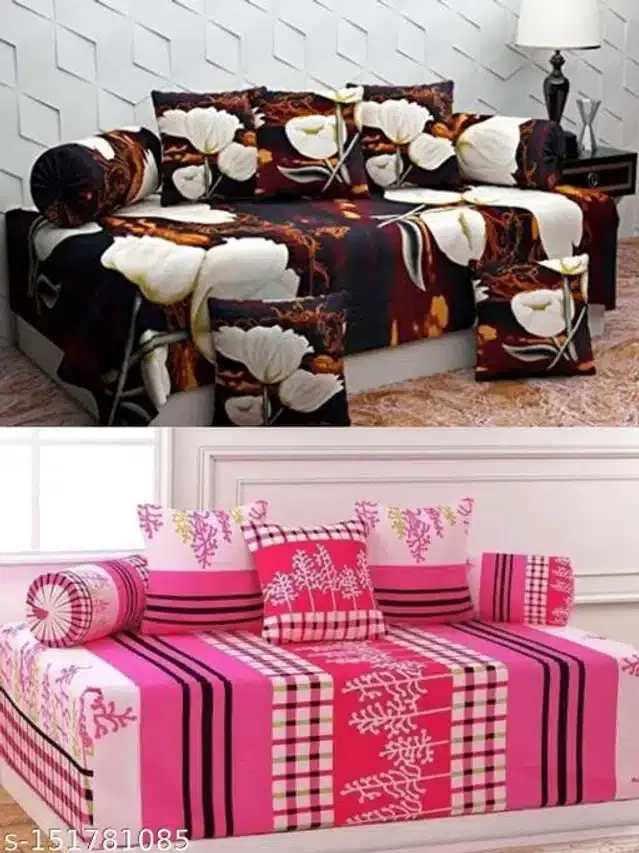 Polycotton Diwan Cover Set, Brown & Pink, Combo of 2