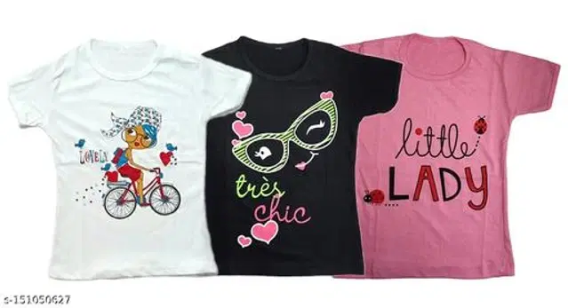 Round Neck Printed T-Shirt for Girls, Pack of 3 (Multicolor, 18-24 Months)
