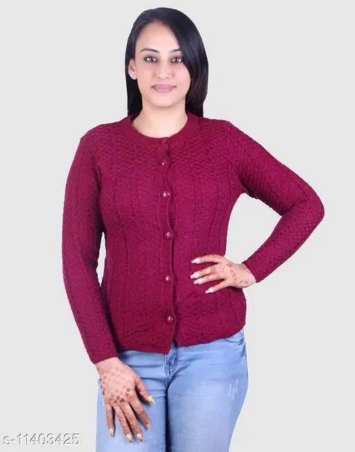 Acrylic Solid Sweater for Women (Wine, M)