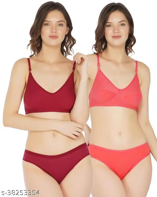 Cotton Blend Solid Lingerie Set for Women, Pack of 2 (Multicolor, 30A)