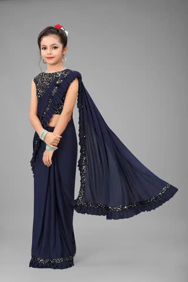 Ready to Wear Saree with Unstitched Blouse for Kids (Navy Blue, 4-5 Years)