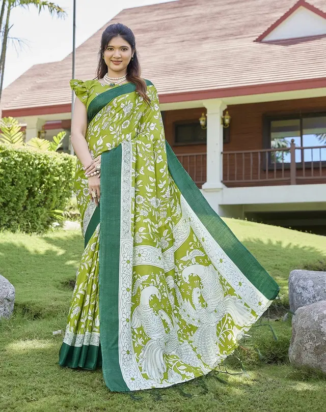 Kalamkari Printed Assam Silk Art Silk Saree for Women (Parrot, Free Size)