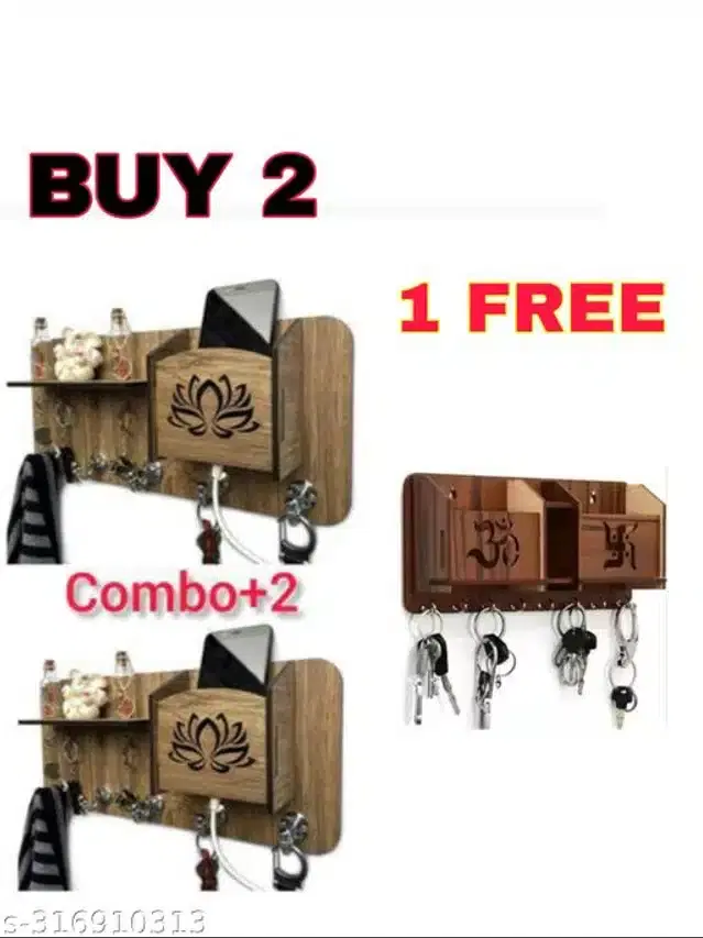 Wooden Key Holder, Brown, Pack of 3