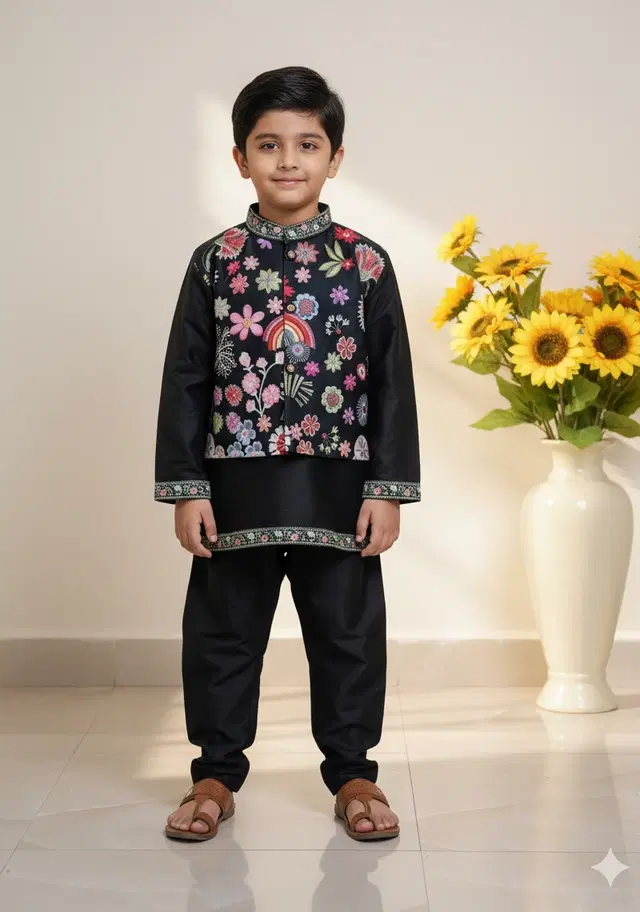Silk Blend Printed Kurta,Waistcoat & Payjama Set For Boys, Black (1 - 2 Years)