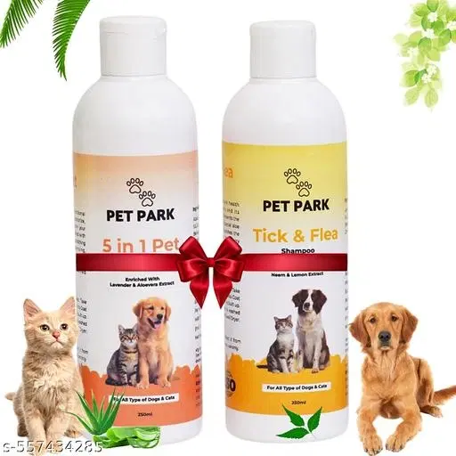 Pet Park (Combo of 2) 5 IN 1 Shampoo & Conditioner (250 ML) + Anti-Tick & Flea Shampoo (250 Ml) |Enriched With Lavender, Aleovera, Neem, Lemon & Grapes Seed| Anti-Tick & Flea, Anti-Itch, De-Shed Control Shampoo For All Type of Dogs & Cats.