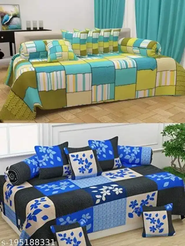 Polycotton Diwan Cover Set, Green & Blue, Combo of 2