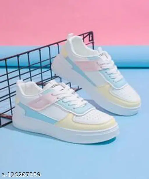 Solid Synthetic Sneakers for Women (White, IND-3)